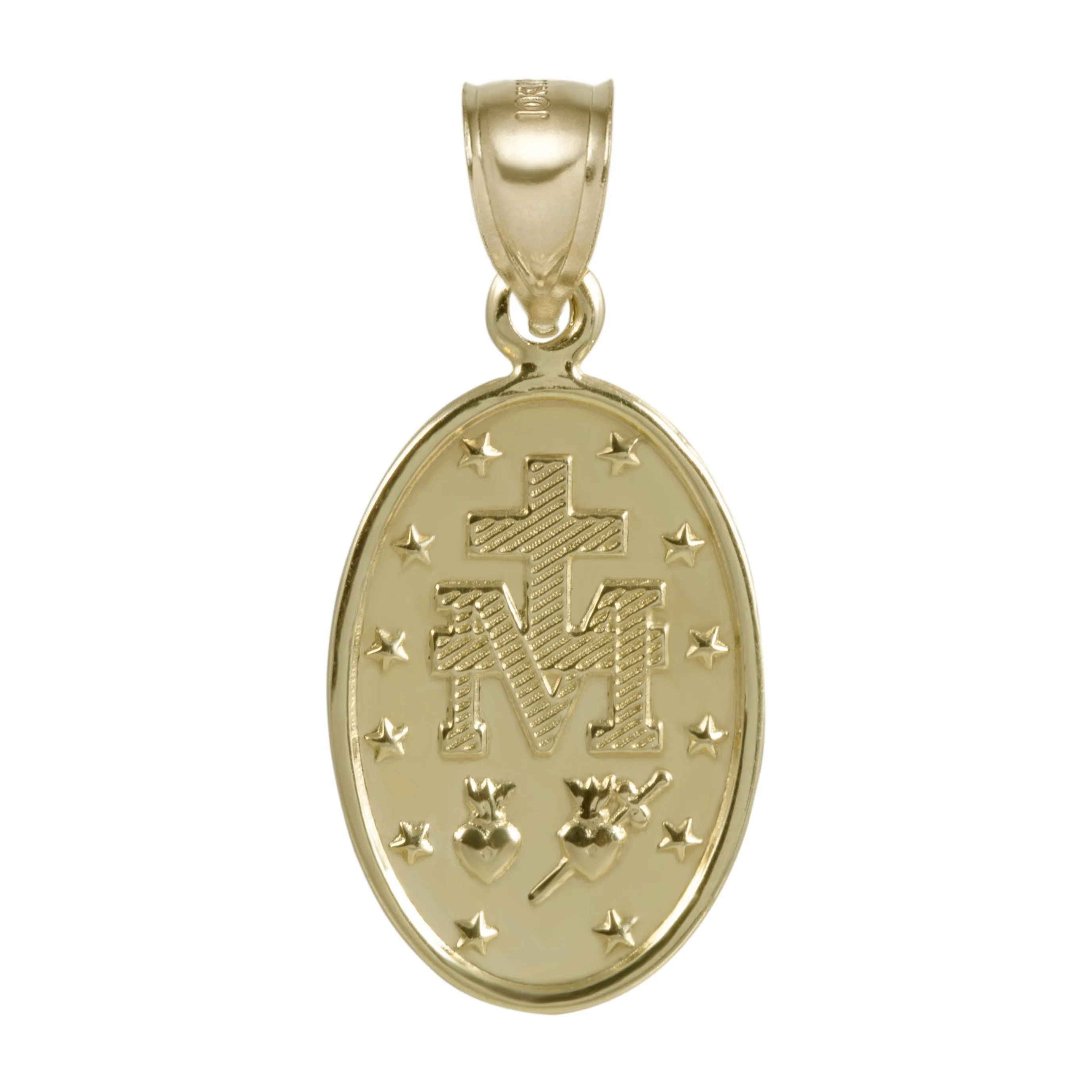 1 1/4" Oval Textured Miraculous Mary Pendant 10K Yellow Gold