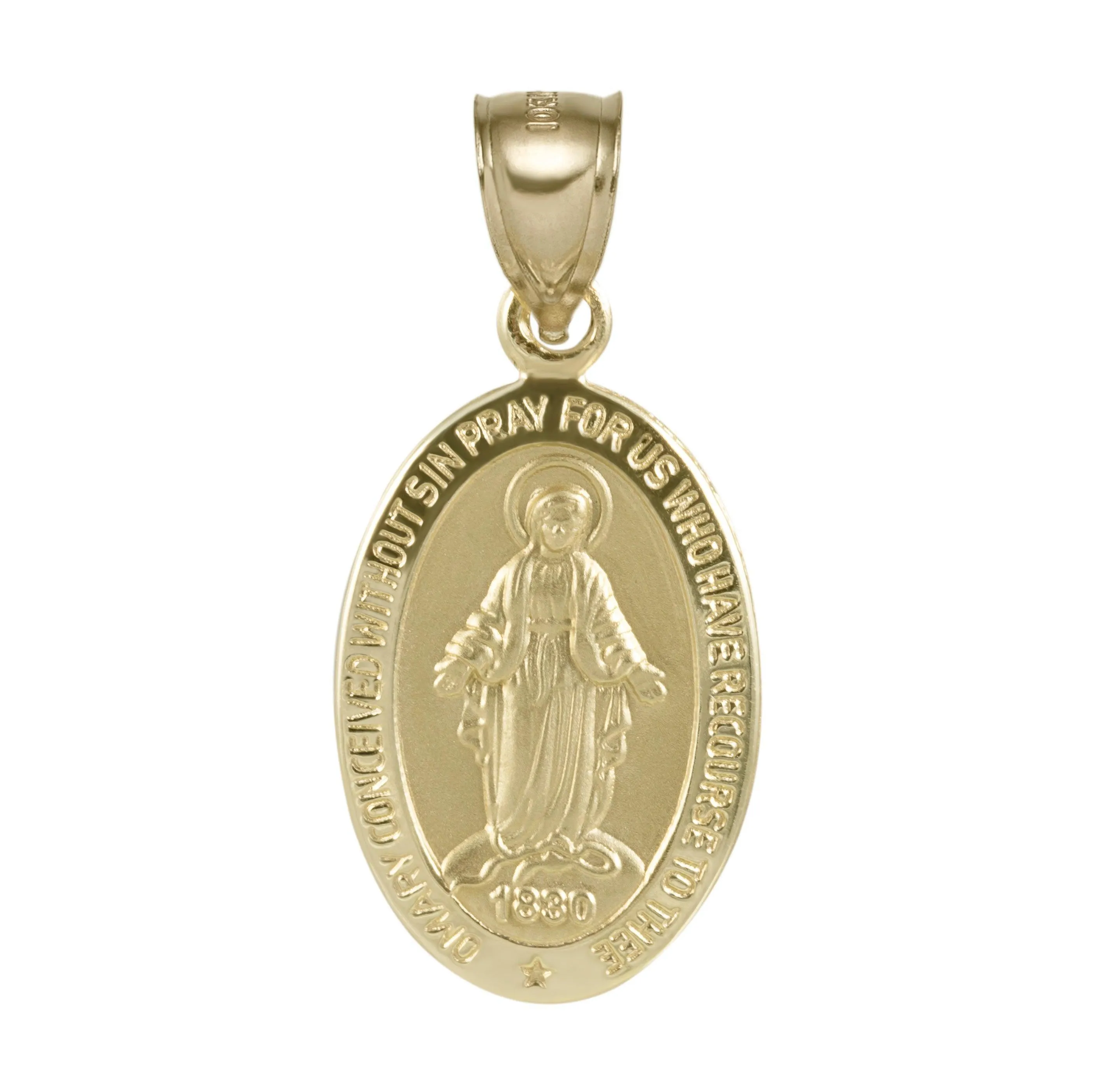 1 1/4" Oval Textured Miraculous Mary Pendant 10K Yellow Gold