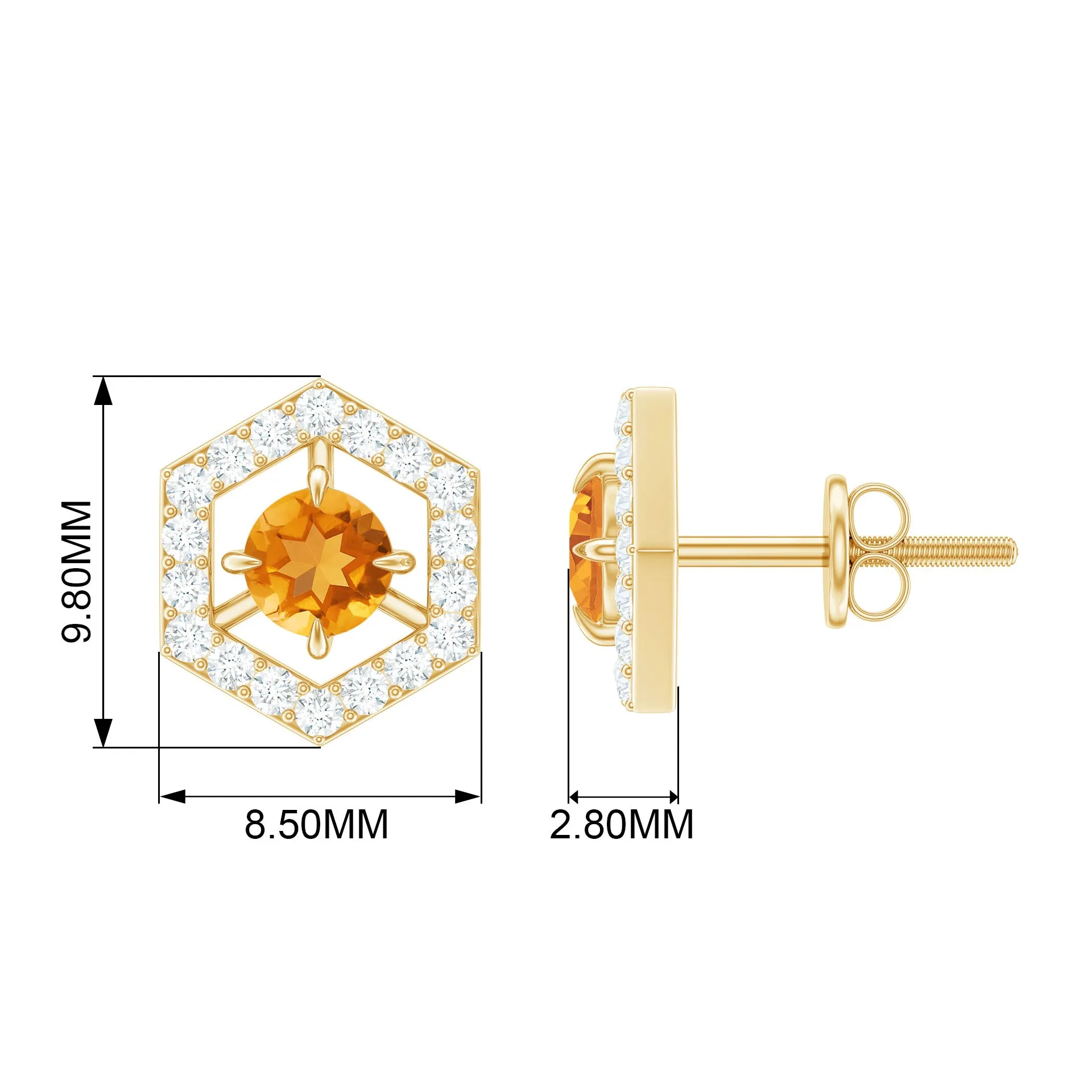 1 CT Minimal Citrine and Diamond Geometric Stud Earrings