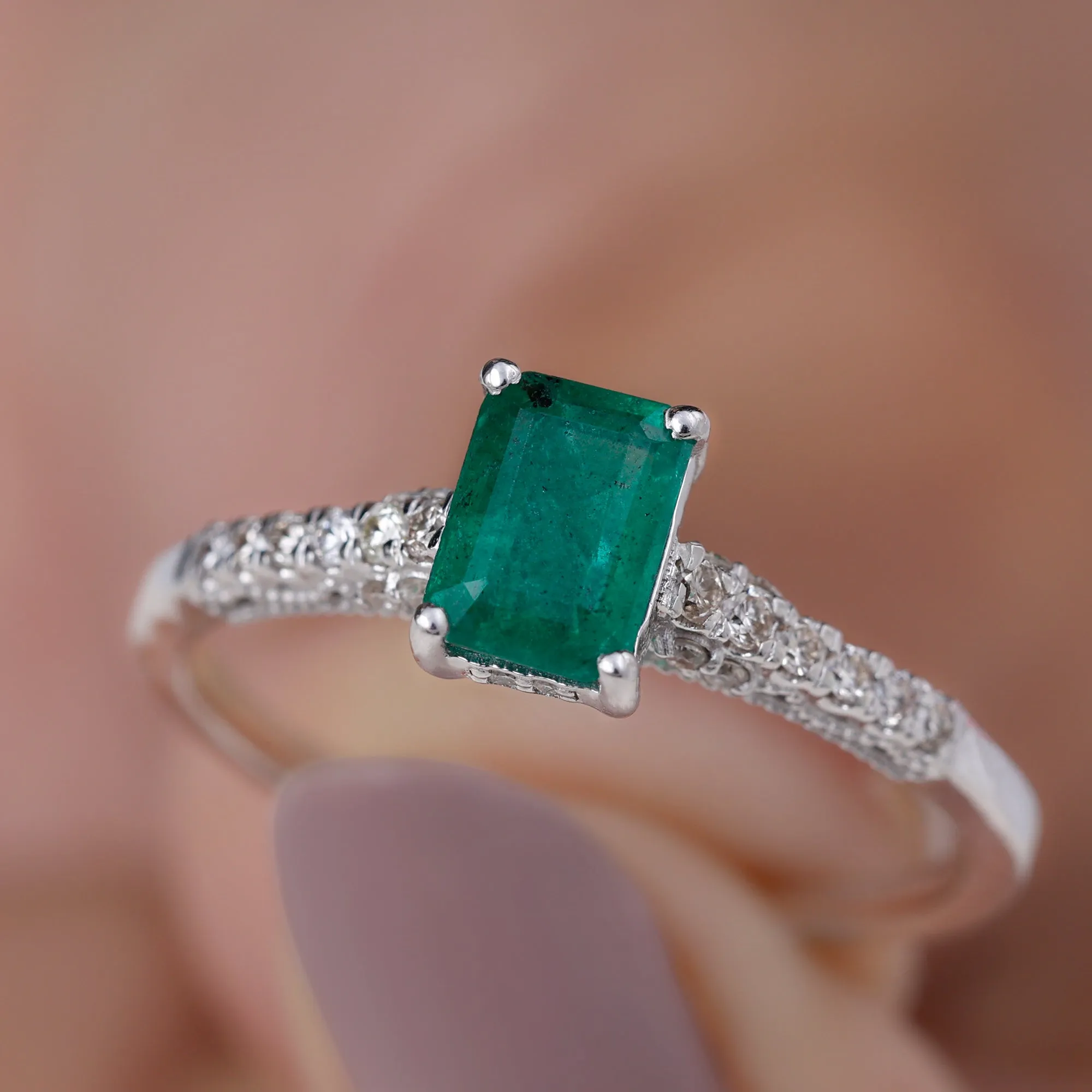 1 CT Octagon shape Emerald Classic Engagement Ring with Diamond Side Stones