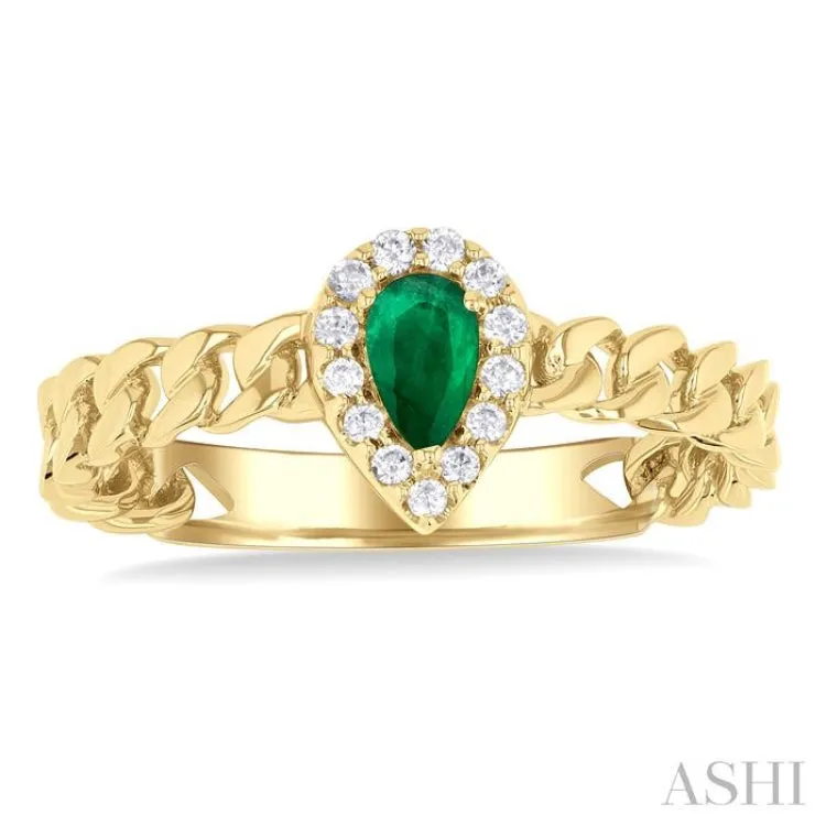 1/10 ctw Curb & Cuban Link 5x3 MM Pear Cut Emerald and Round Cut Diamond Halo Precious Ring in 10K Yellow Gold