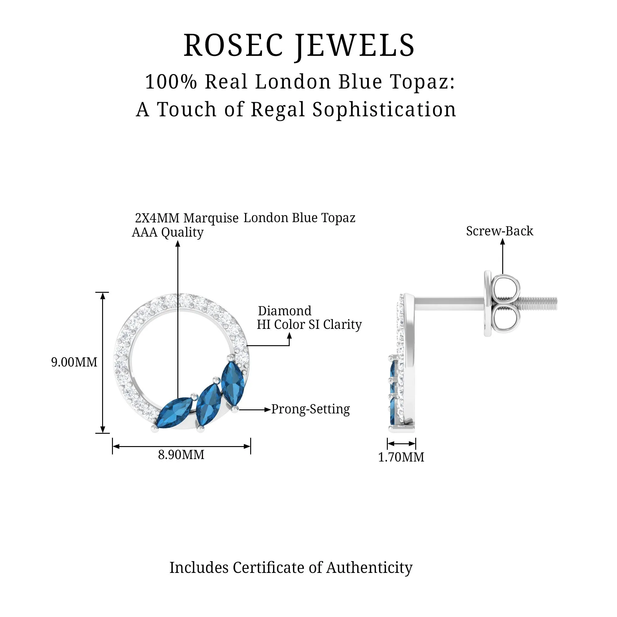 1/2 CT London Blue Topaz Leaf and Diamond Eternity Stud Earrings