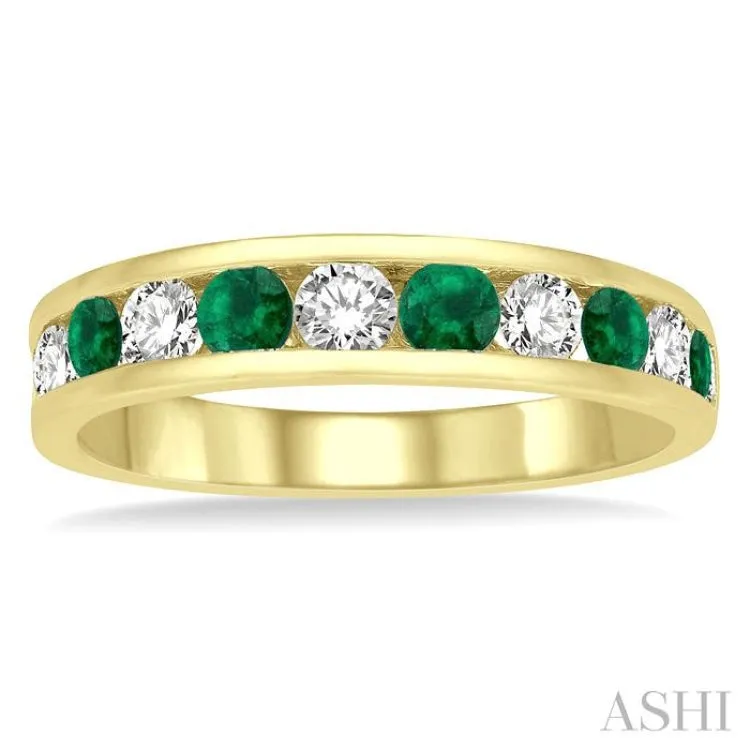 1/2 ctw Round Cut Diamond and 2.9MM Emerald Precious Wedding Band in 14K Yellow Gold