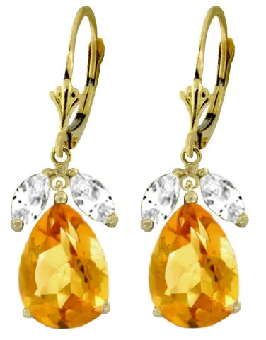 13 Carat 14K Solid White Gold Leverback Earrings Citrine White Topaz