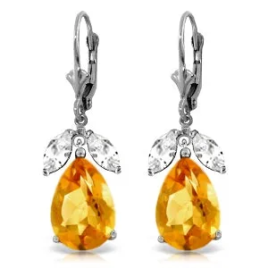 13 Carat 14K Solid White Gold Leverback Earrings Citrine White Topaz