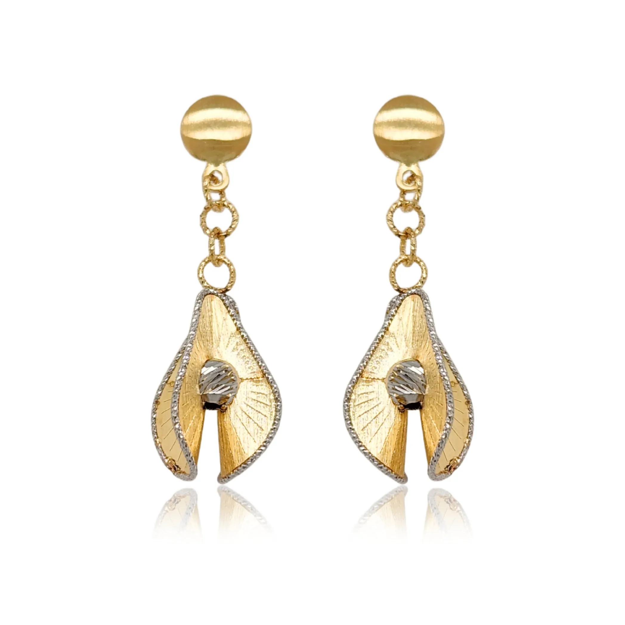 14K Gold Dangling 3D Teardrop Diamond Cut Earrings