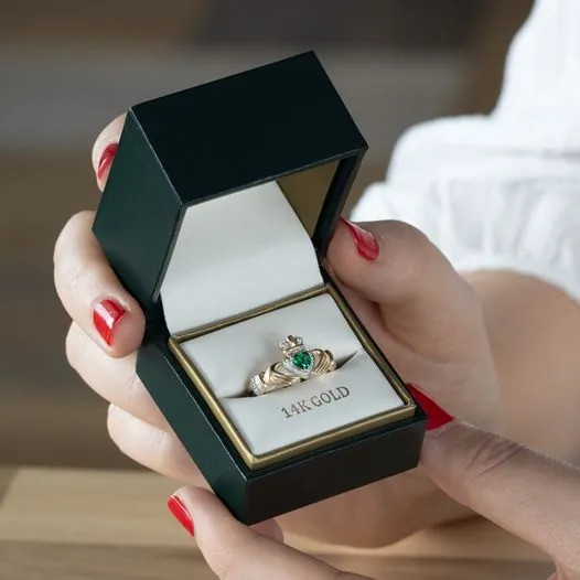 14K Gold Diamond & Emerald Claddagh Ring