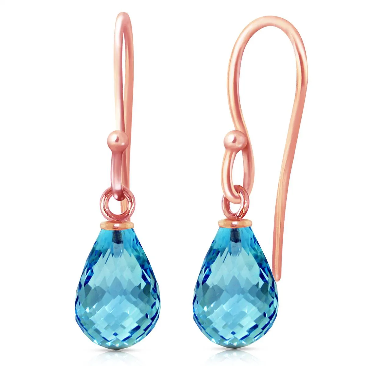 14K Solid Rose Gold Fish Hook Blue Topaz Gemstone Earrings