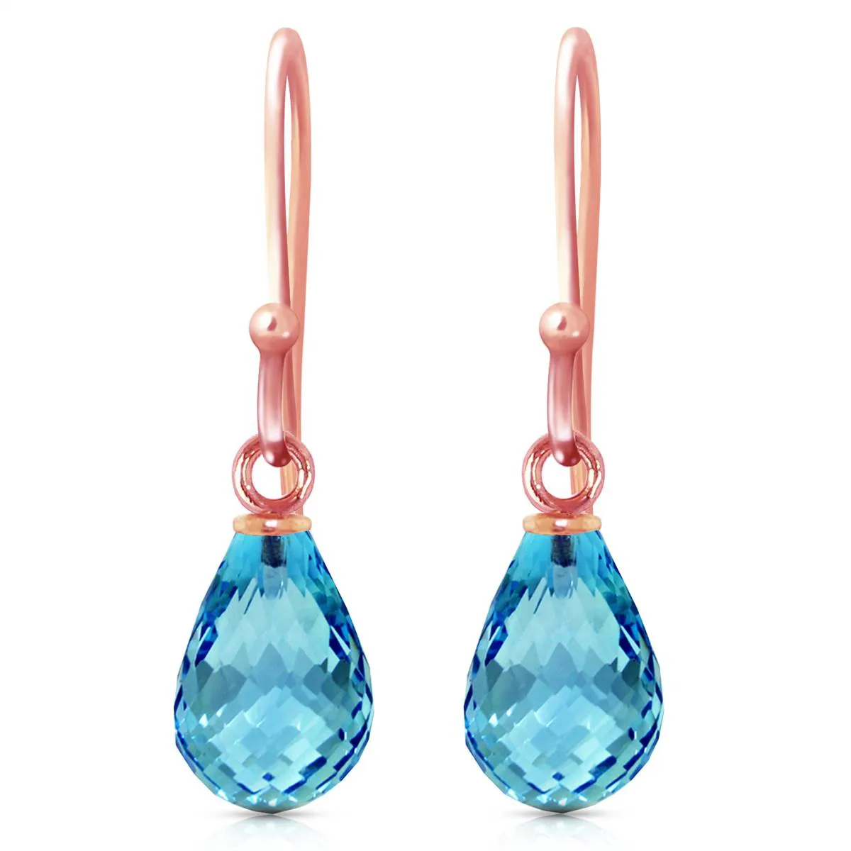 14K Solid Rose Gold Fish Hook Blue Topaz Gemstone Earrings