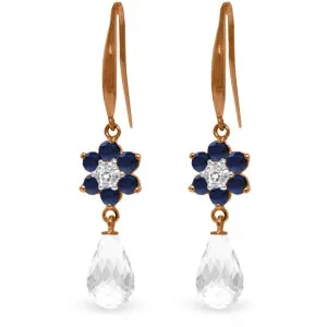 14K Solid Rose Gold Hook Earrings w/ Diamonds, Sapphires & Rose Topaz