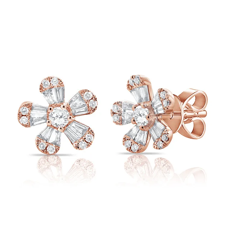 14K White Gold Diamond Flower Stud Earrings (Small)