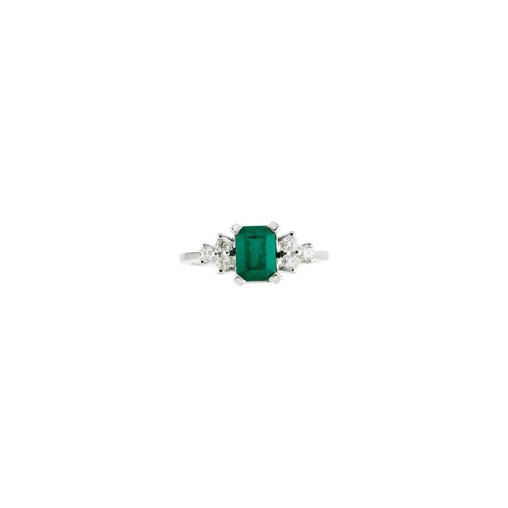 14K White Gold Natural Emerald & 1/6 CTW Diamond Ring