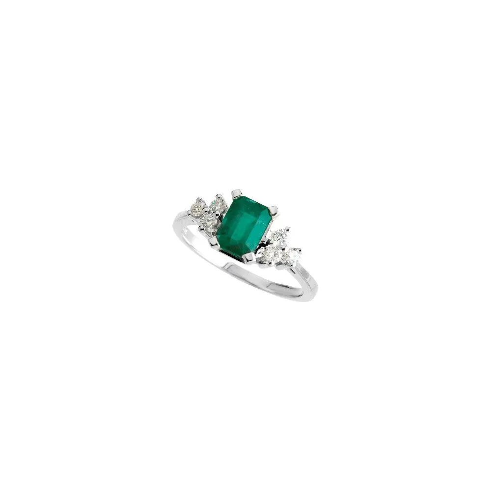 14K White Gold Natural Emerald & 1/6 CTW Diamond Ring