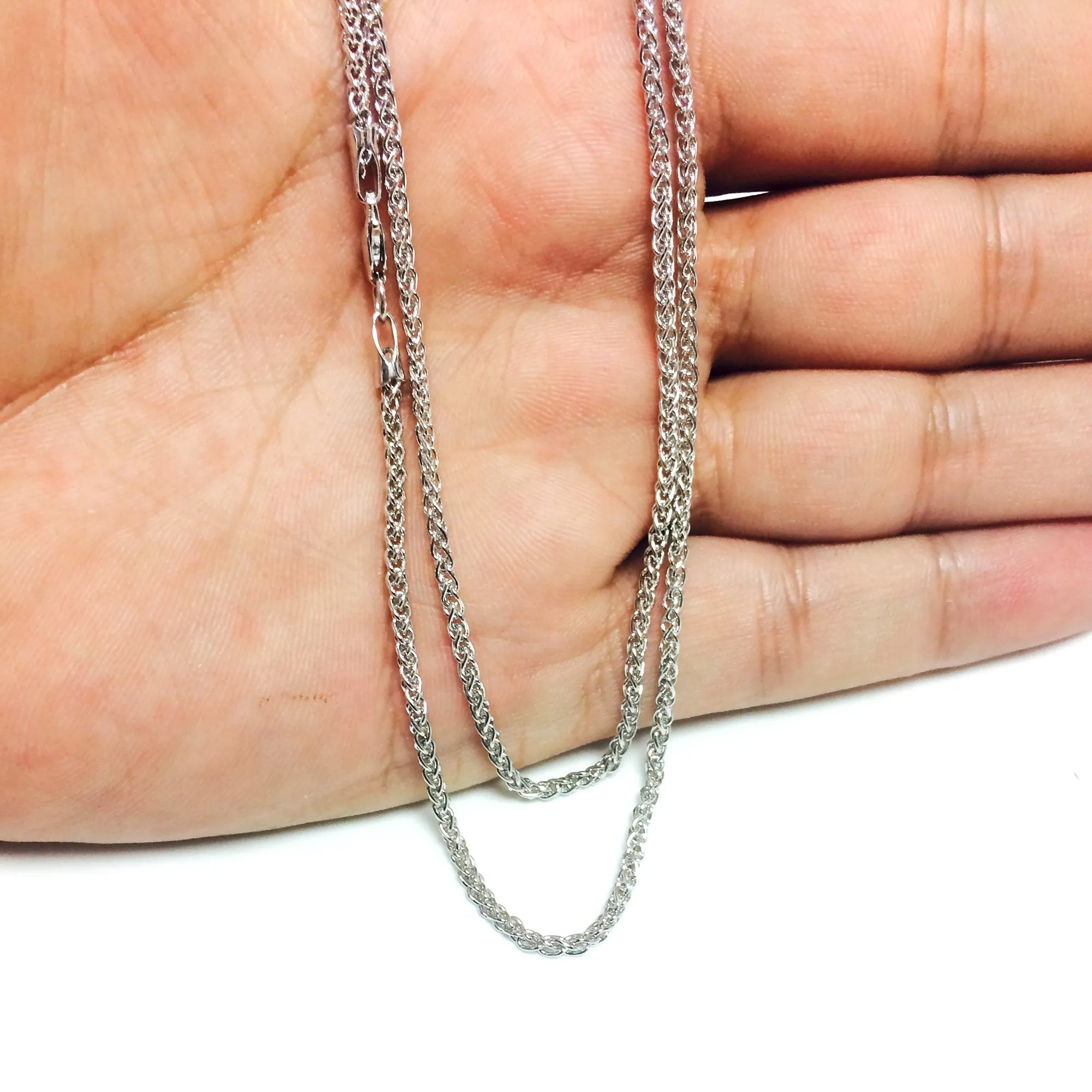 14k White Gold Round Wheat Chain Necklace, 2.1mm