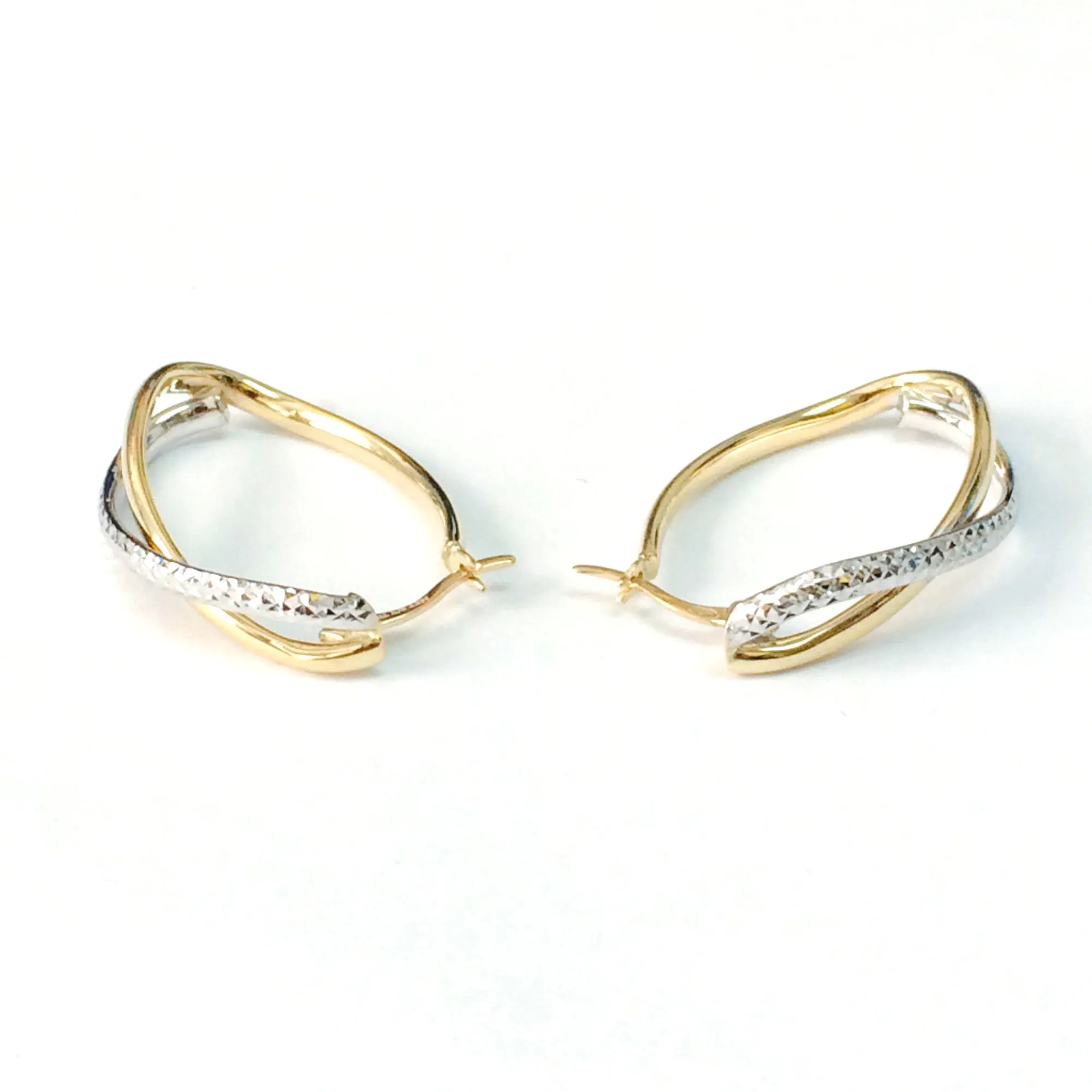 14K Yellow And White Gold Diamond Cut Two Tone Infinity Oval Hoop Earrings