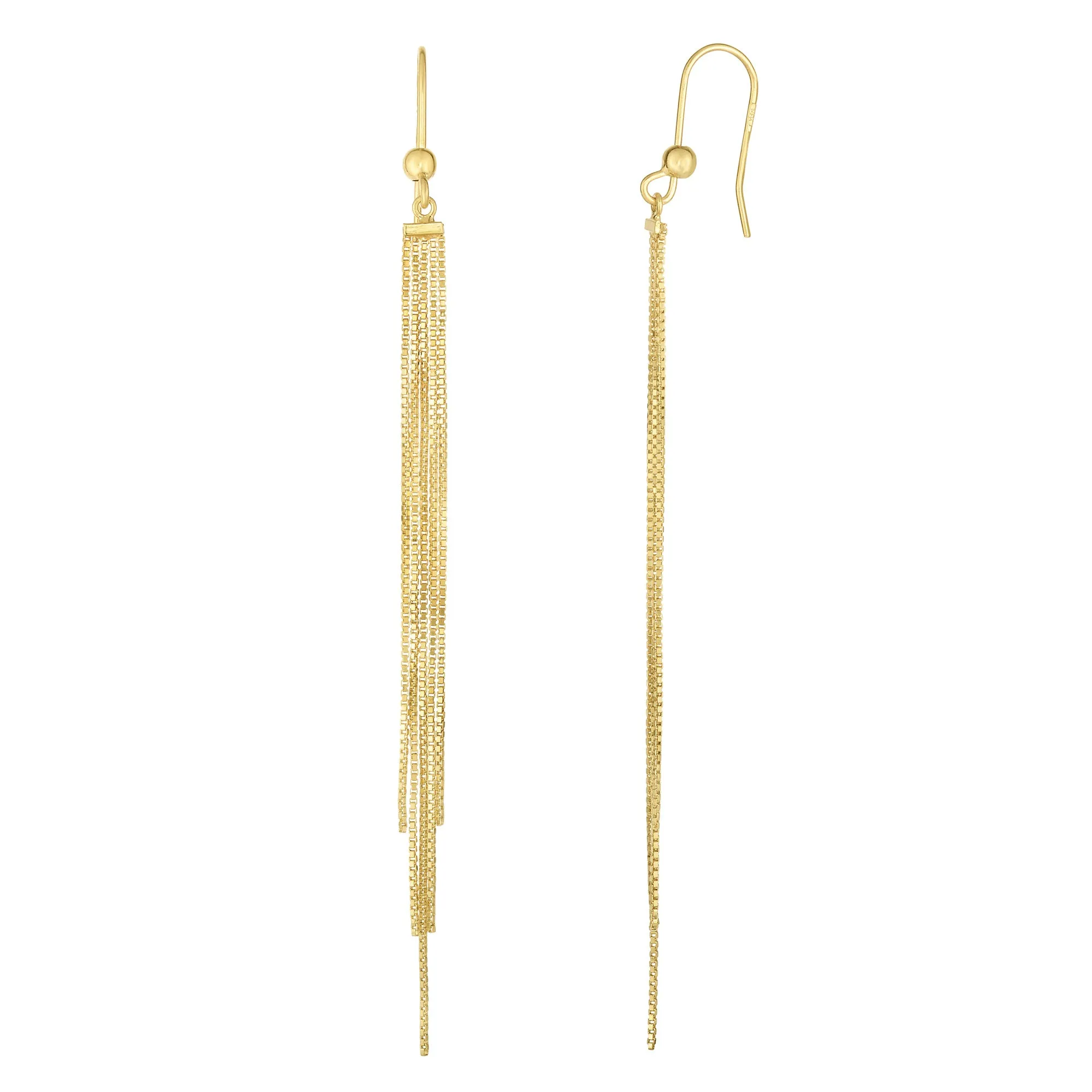 14K Yellow Gold 5 Strand Box Chain Tassel Drop Earrings