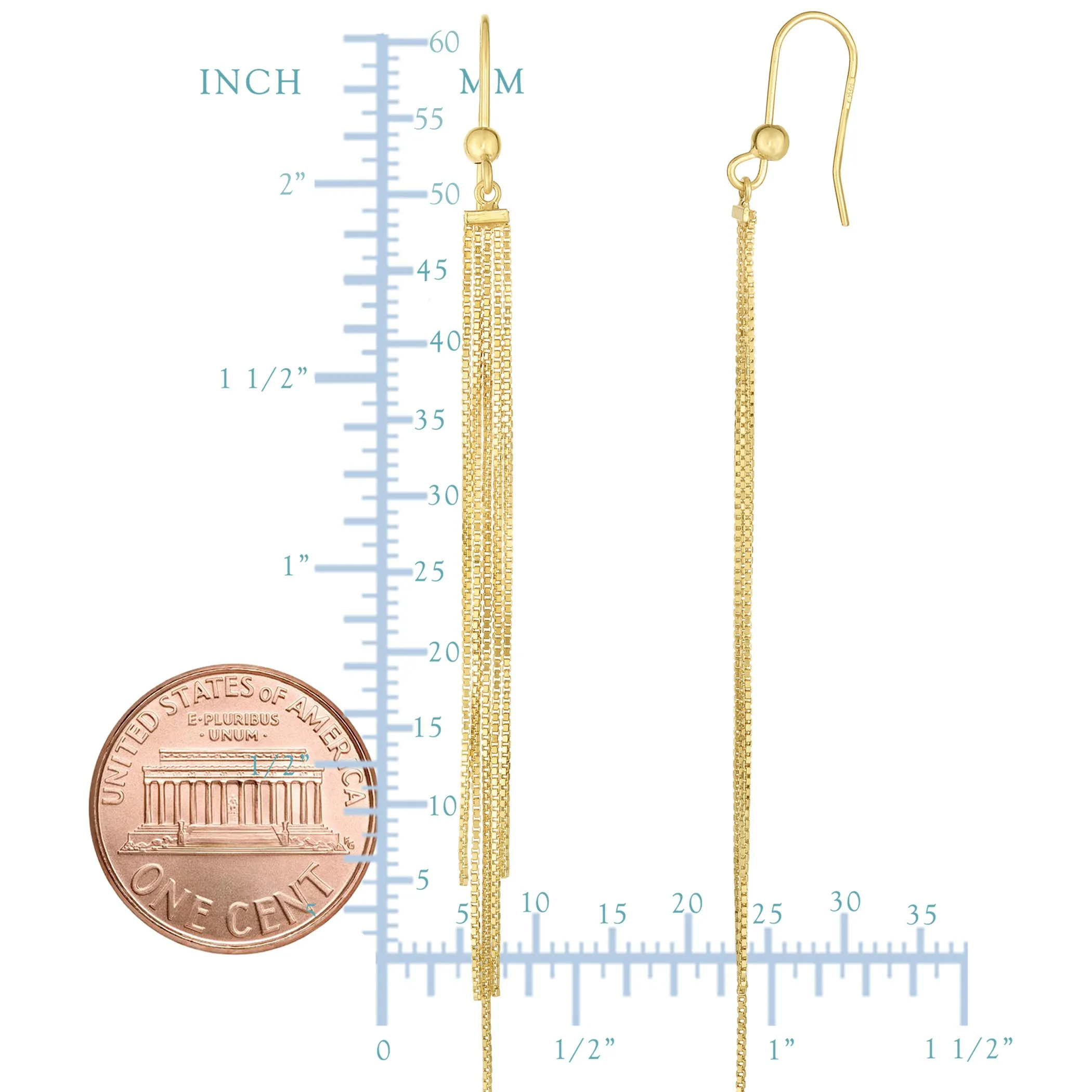 14K Yellow Gold 5 Strand Box Chain Tassel Drop Earrings