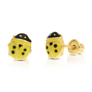 14k Yellow Gold Small Ladybug Stud Earrings, Yellow Ladybug Screw on Studs For Children