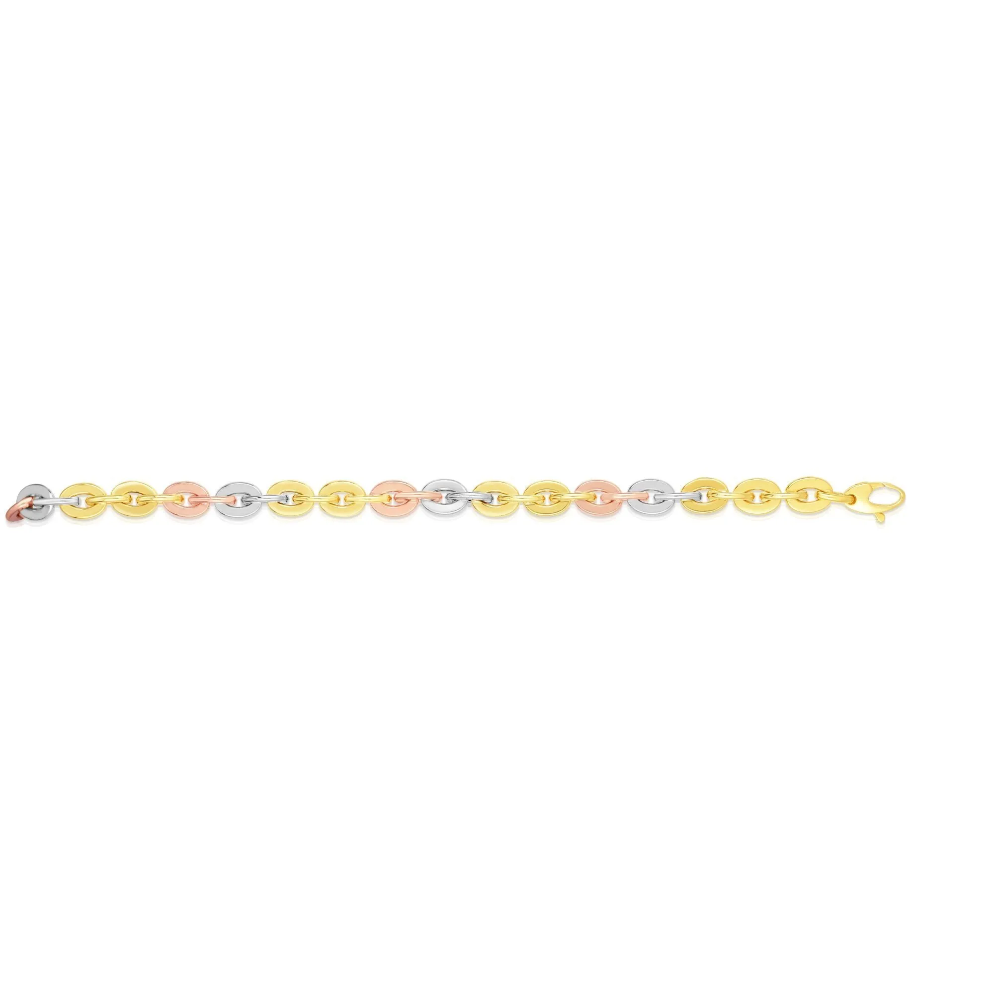 14k Yellow White And Rose Gold Oval Link Bracelet, 7.5"