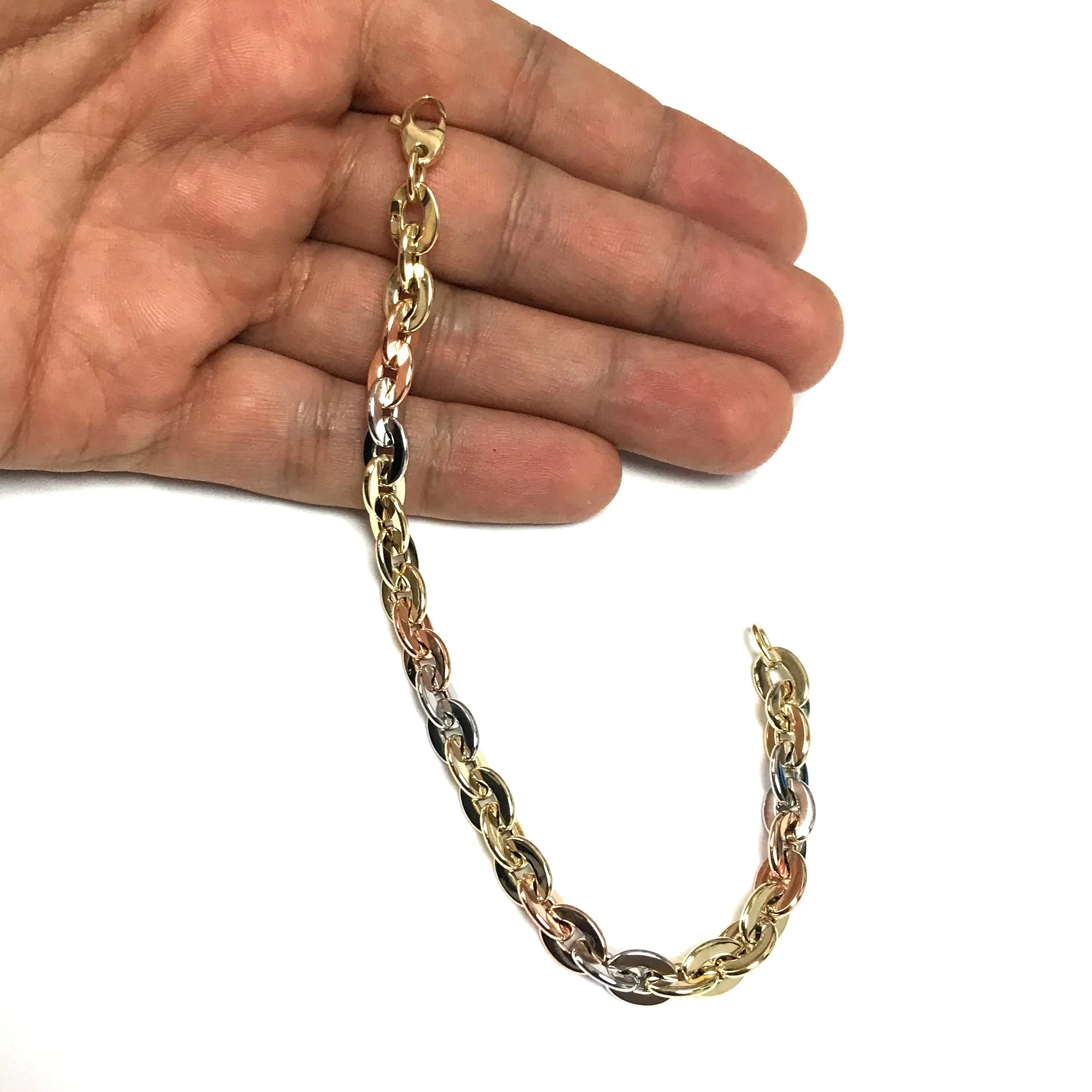 14k Yellow White And Rose Gold Oval Link Bracelet, 7.5"