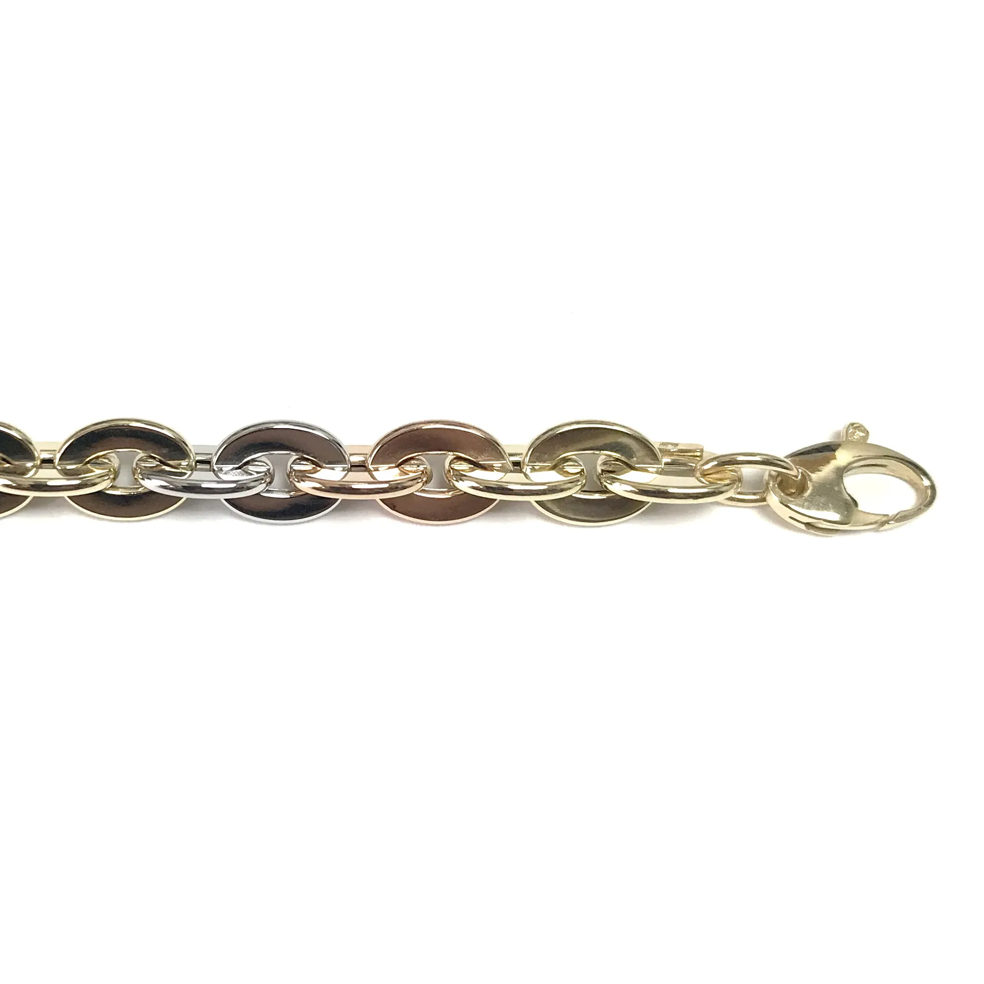 14k Yellow White And Rose Gold Oval Link Bracelet, 7.5"