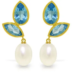 16 Carat 14K Solid Yellow Gold Chandelier Earrings Pearl Blue Topaz