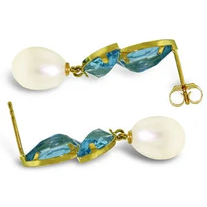 16 Carat 14K Solid Yellow Gold Chandelier Earrings Pearl Blue Topaz