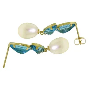 16 Carat 14K Solid Yellow Gold Chandelier Earrings Pearl Blue Topaz