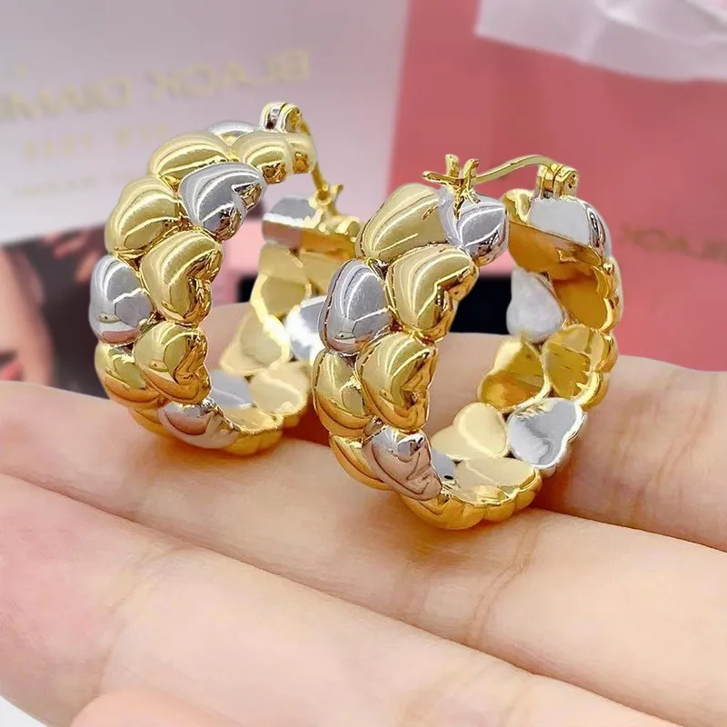 18k Gold Heart Shaped Two Color Hoop Earrings