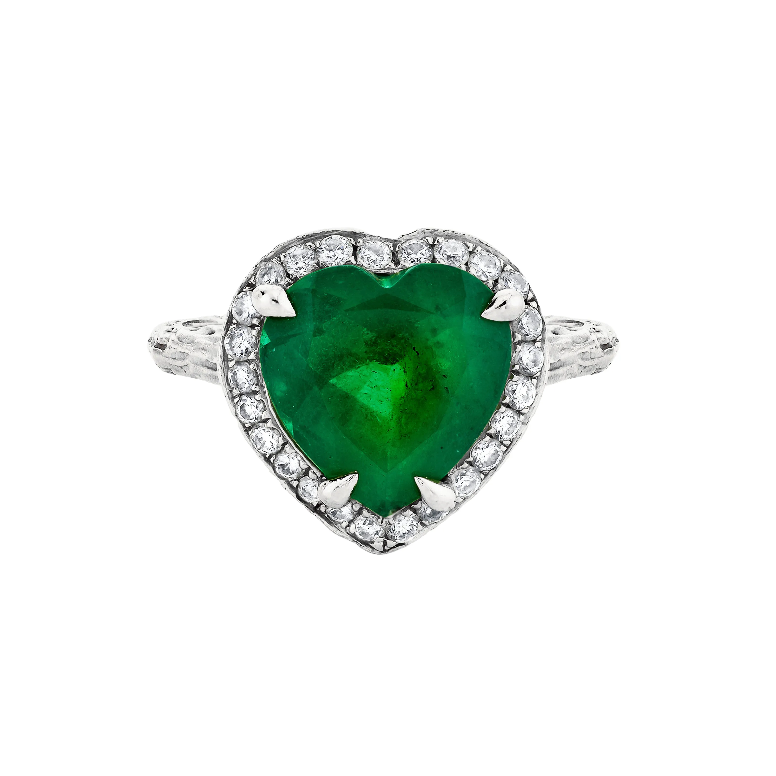 18k Premium Colombian Emerald Heart Queen Ring with Full Pavé Diamond Halo