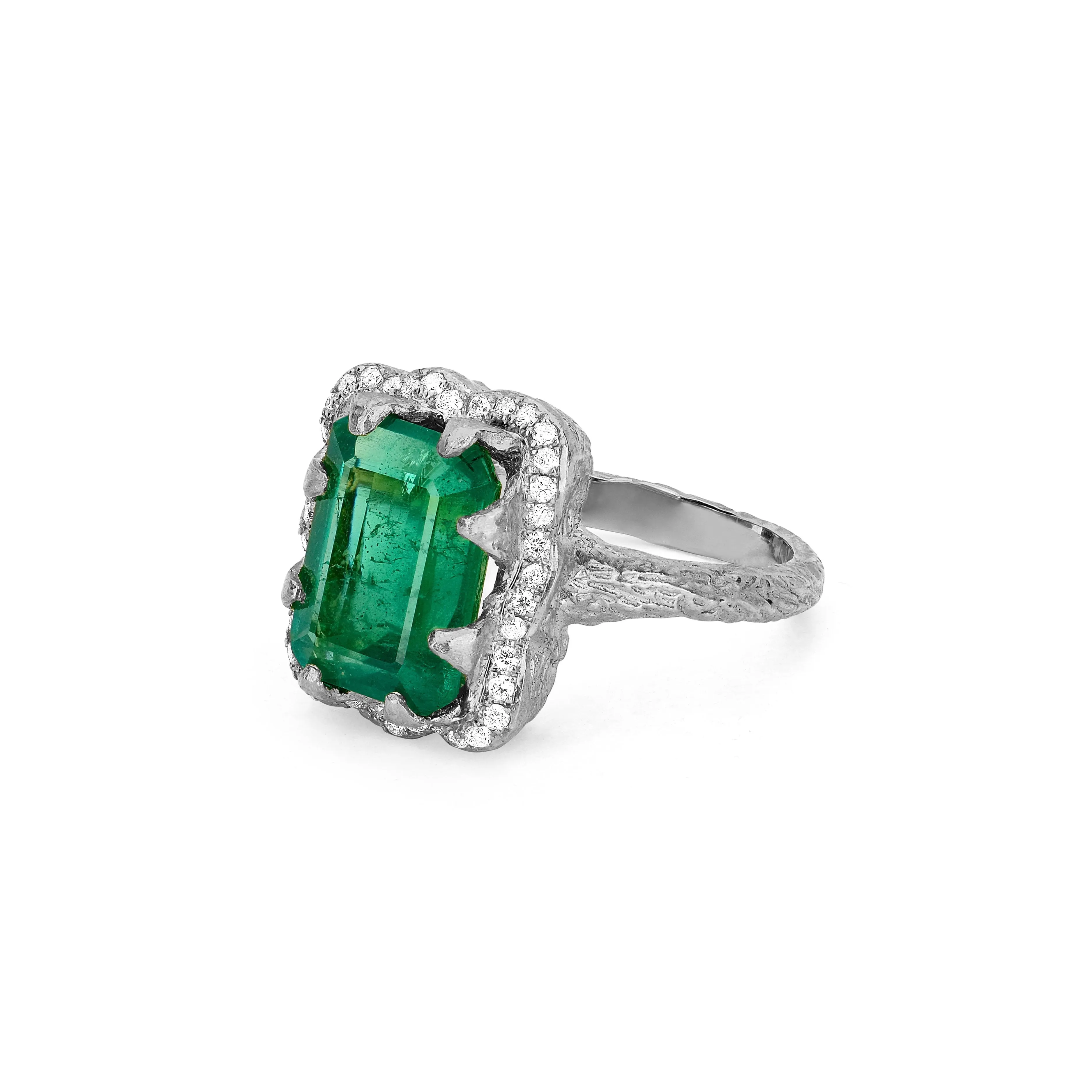 18k Queen Emerald Cut Emerald Ring with Full Pavé Diamond Halo