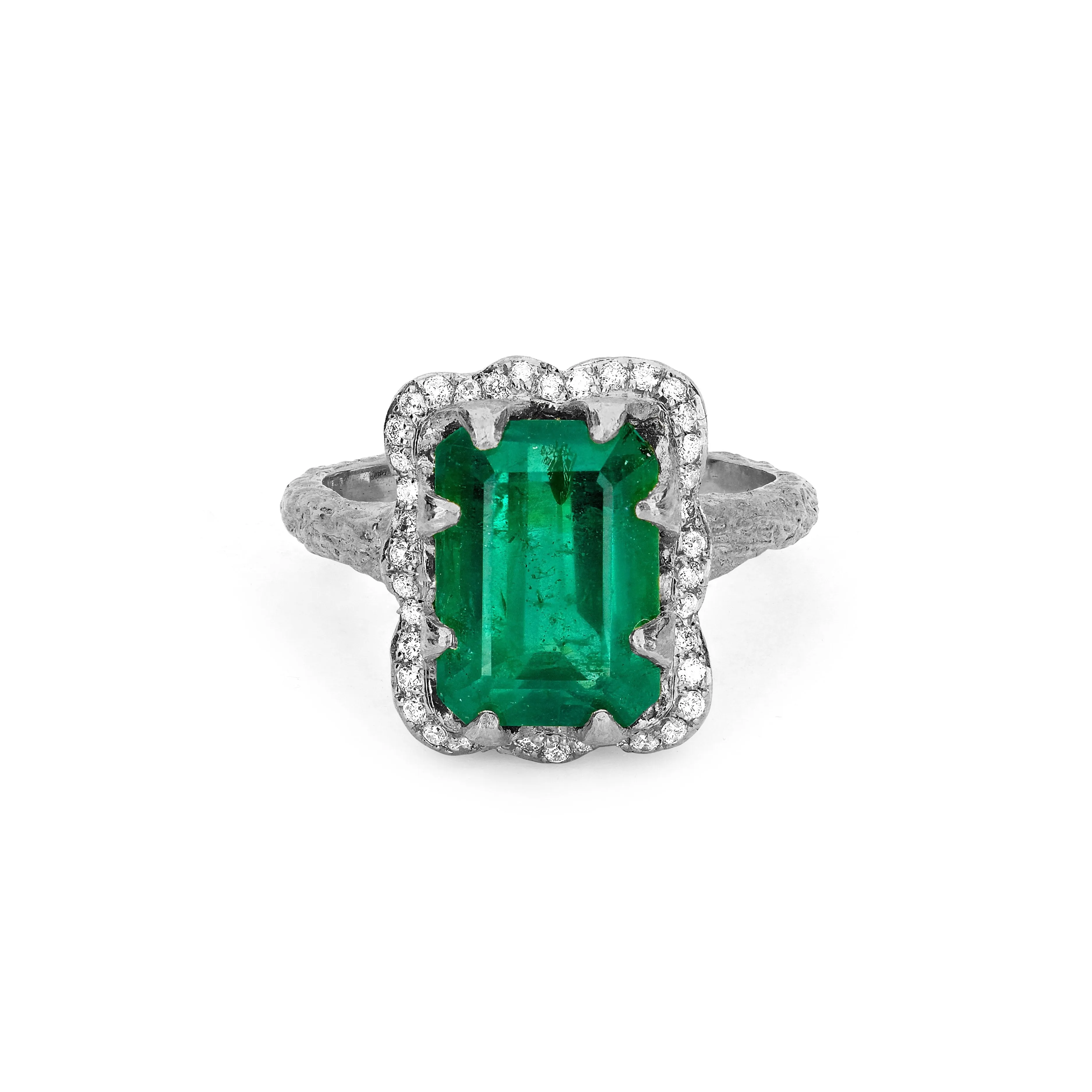 18k Queen Emerald Cut Emerald Ring with Full Pavé Diamond Halo