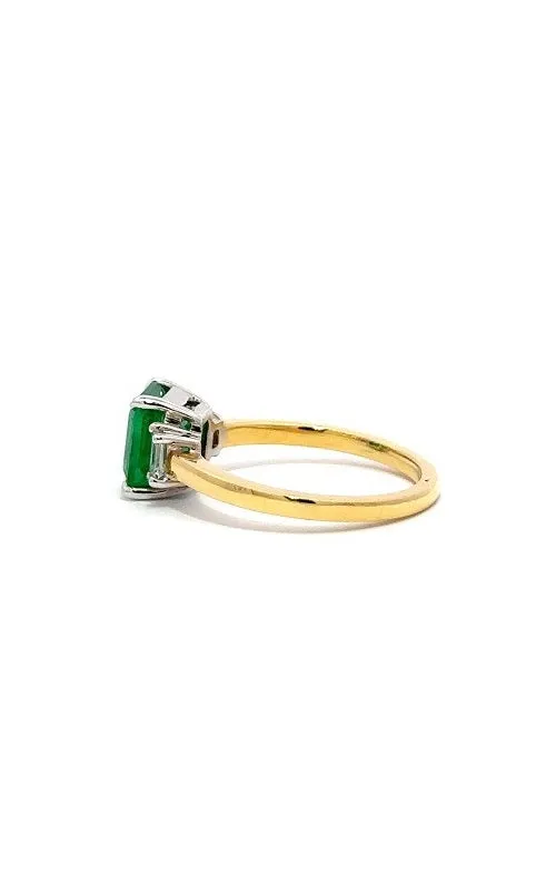 18K YELLOW AND WHITE GOLD THREE-STONE EMERALD AND DIAMONDS RING G13451