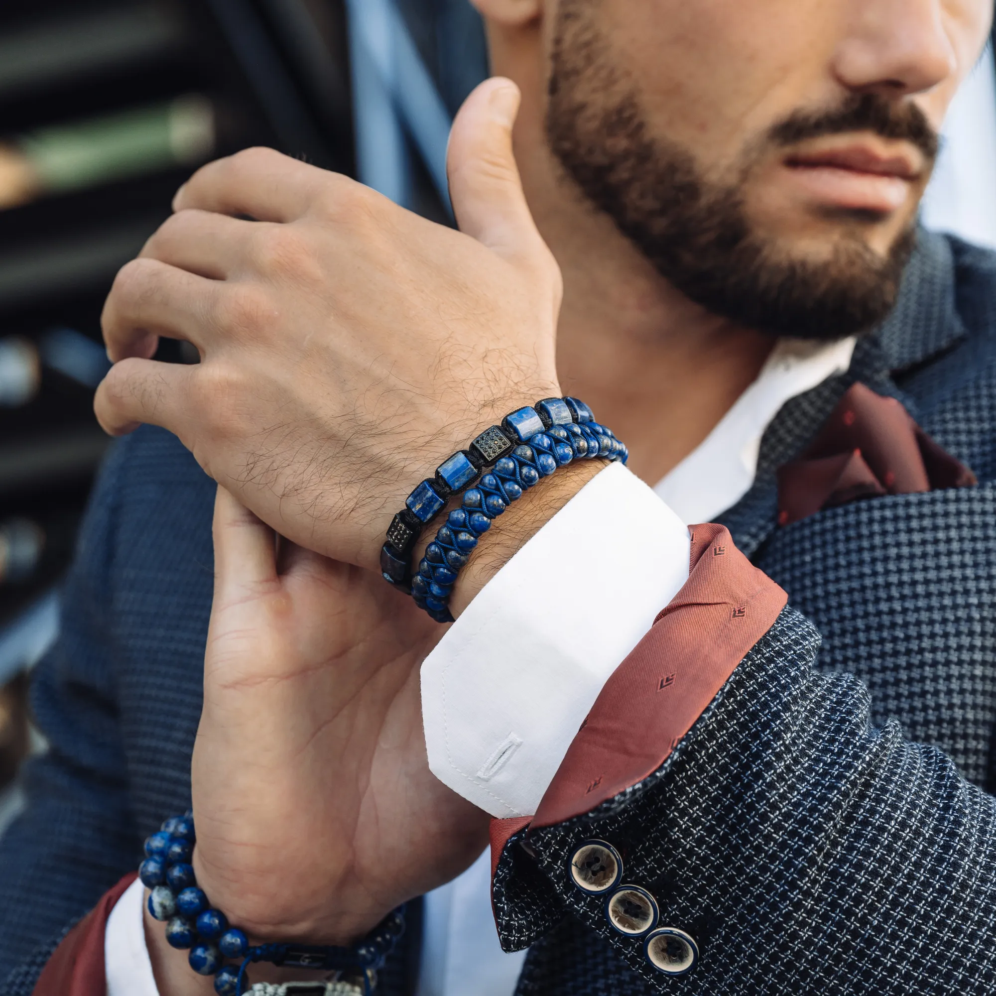 2 PIECE SET - LAPIS LAZULI Double Bead & Flatbead Bracelet