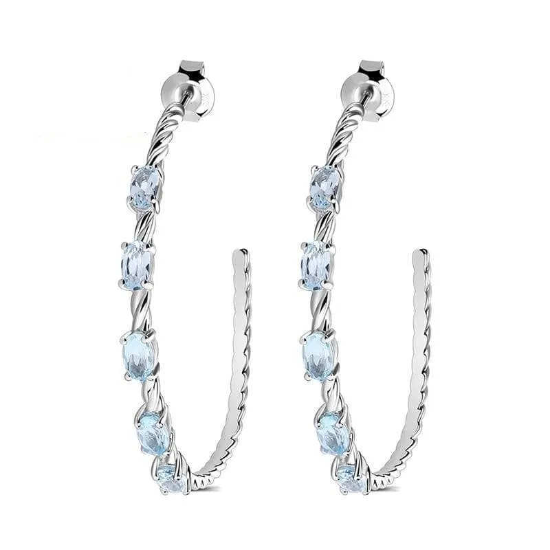 2.94 Ctw Oval Natural Sky Blue Topaz Hoop Earrings