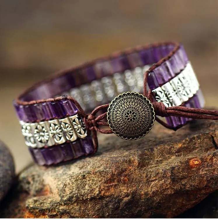 3 Row Amethyst Cuff Beaded Bracelet