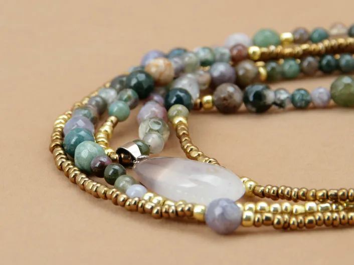 3 Tier Layered Agate Necklace with Teardrop Pendant