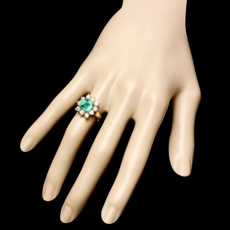 3.40ct Natural Emerald & Diamond 14k Solid Yellow Gold Ring