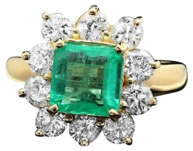 3.40ct Natural Emerald & Diamond 14k Solid Yellow Gold Ring