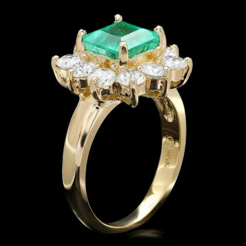 3.40ct Natural Emerald & Diamond 14k Solid Yellow Gold Ring