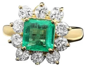 3.40ct Natural Emerald & Diamond 14k Solid Yellow Gold Ring