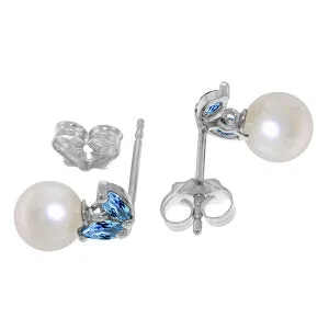 4.4 Carat 14K Solid White Gold Stud Earrings Pearl Blue Topaz