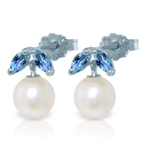 4.4 Carat 14K Solid White Gold Stud Earrings Pearl Blue Topaz