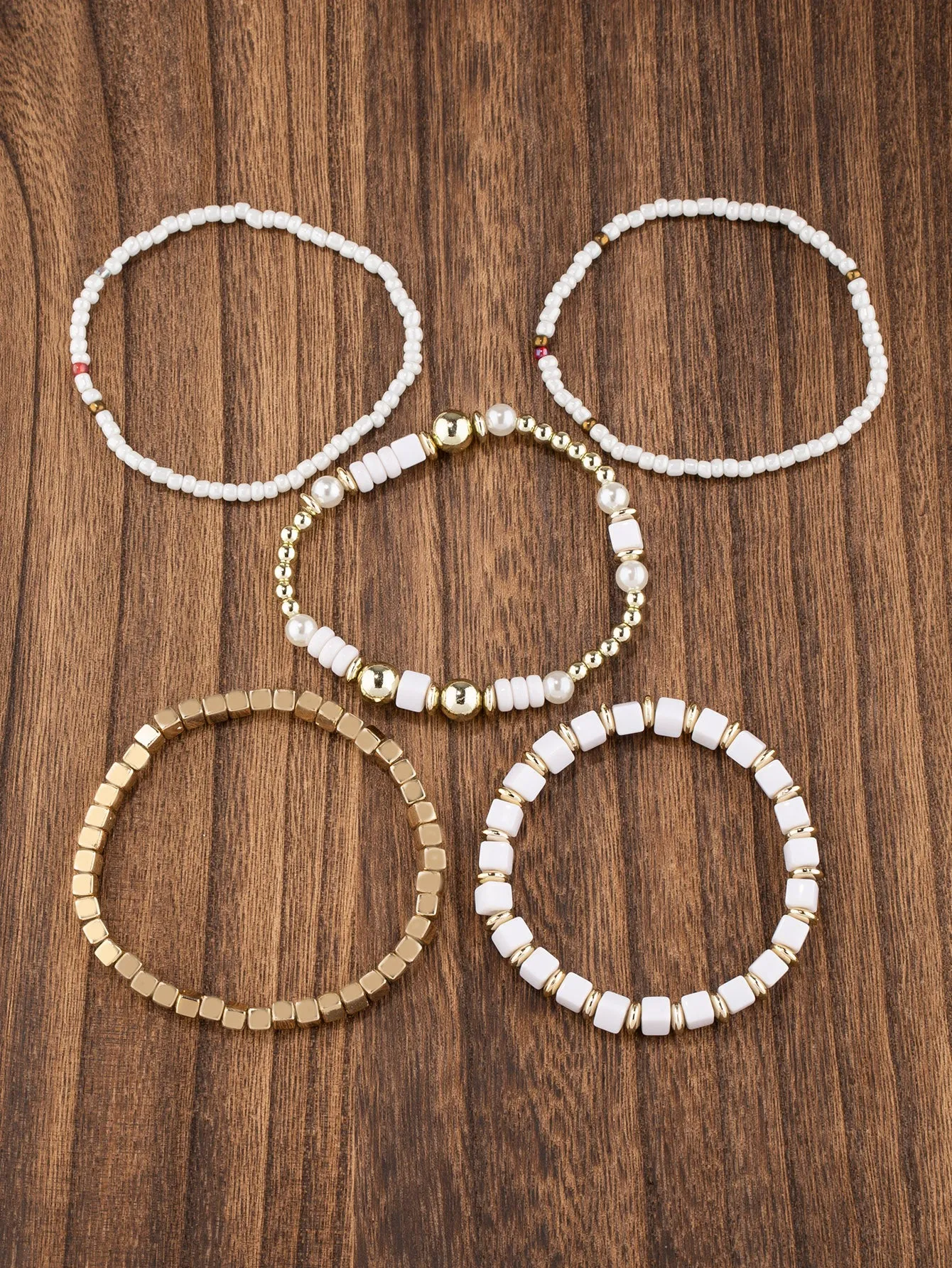 5pcs Minimalist White Beaded Bracelet Boho Crafted Creative Beads Design