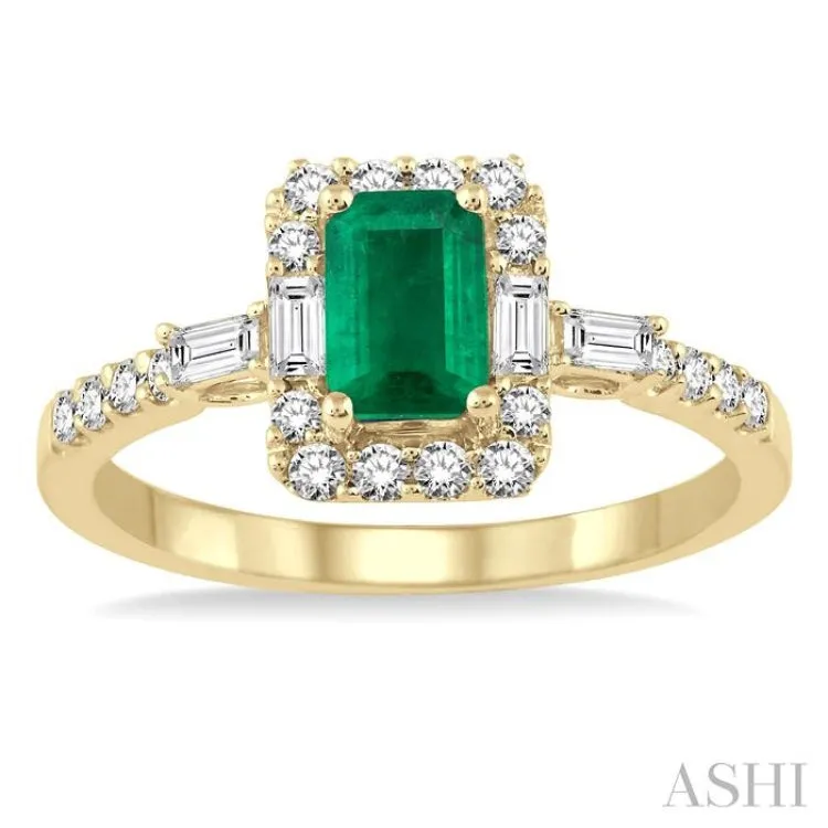 6x4 MM Octagon Cut Emerald and 1/2 Ctw Round Cut Diamond Ring in 14K Yellow Gold