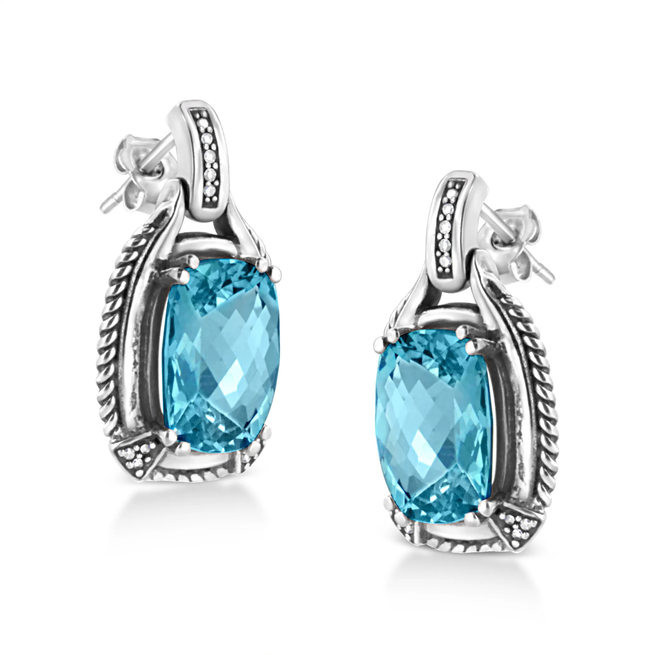 .925 Sterling Silver 14x10MM Cushion Cut Blue Topaz Gemstone and Diamond Accent Dangle Earring (I-J Color, I1-I2 Clarity)