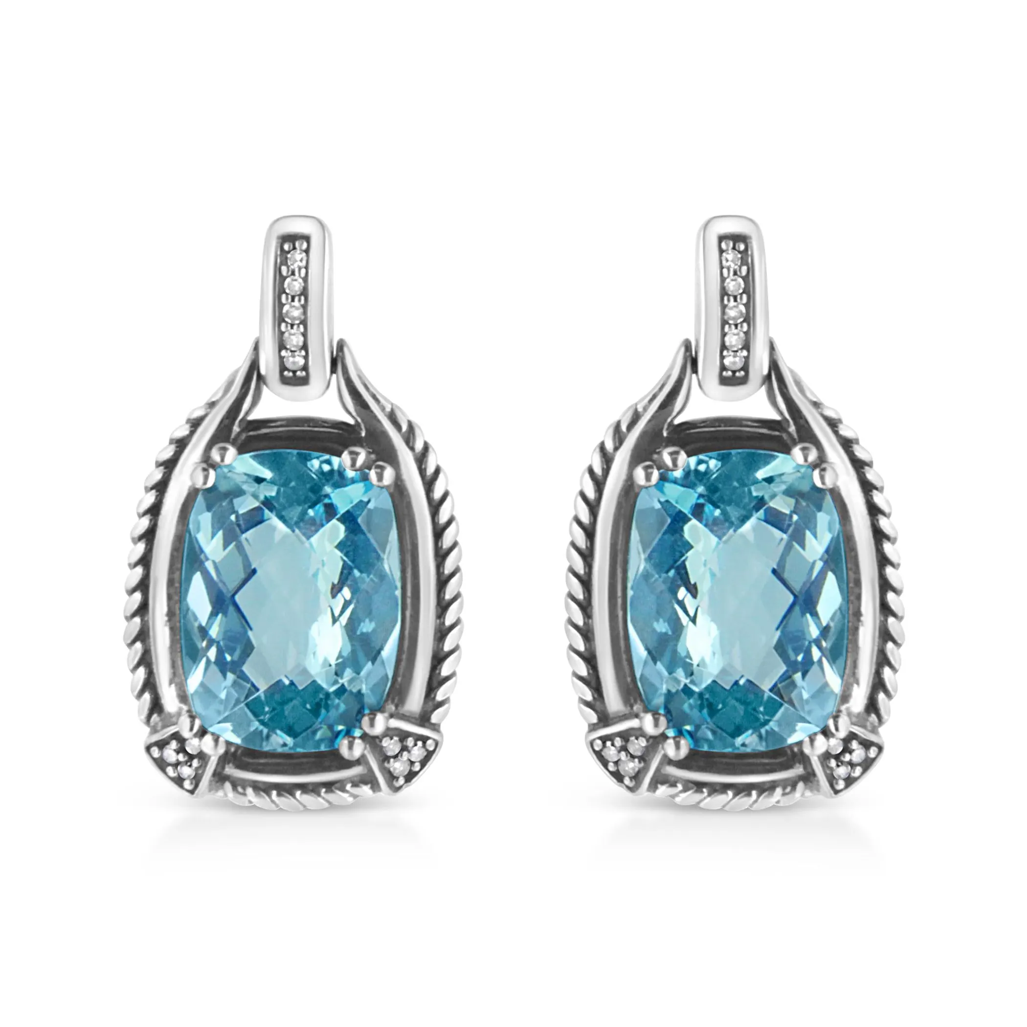 .925 Sterling Silver 14x10MM Cushion Cut Blue Topaz Gemstone and Diamond Accent Dangle Earring (I-J Color, I1-I2 Clarity)