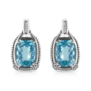 .925 Sterling Silver 14x10MM Cushion Cut Blue Topaz Gemstone and Diamond Accent Dangle Earring (I-J Color, I1-I2 Clarity)