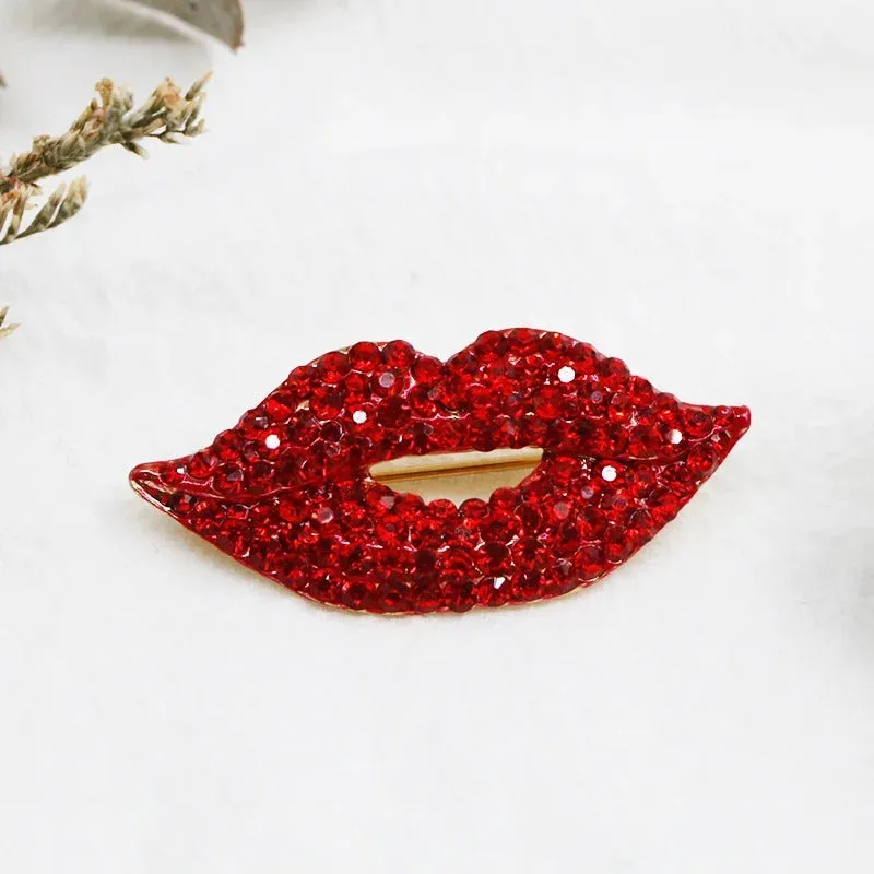 Alluring Red Lips Brooch Pin Sparkling with Dazzling Rhinestones