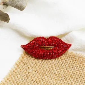 Alluring Red Lips Brooch Pin Sparkling with Dazzling Rhinestones